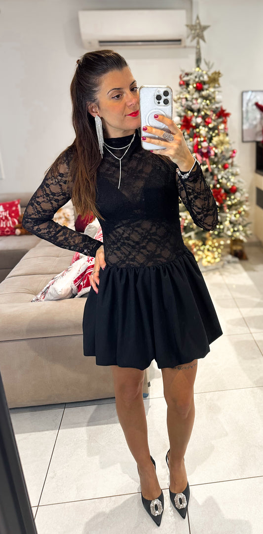 Robe Ballon Noir à Dentelle