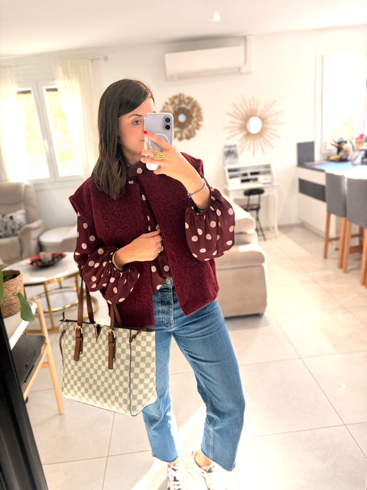 Gilet sans manches femme en laine bouclé, couleur bordeaux. Giler oversize